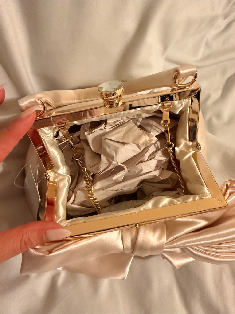 Nina Satin Bow Top-Handle Clutch in Blush - Picture 4 of 5